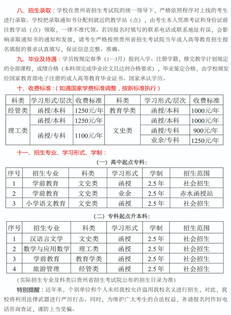 2021年贵州师范学院成人高考招生简章